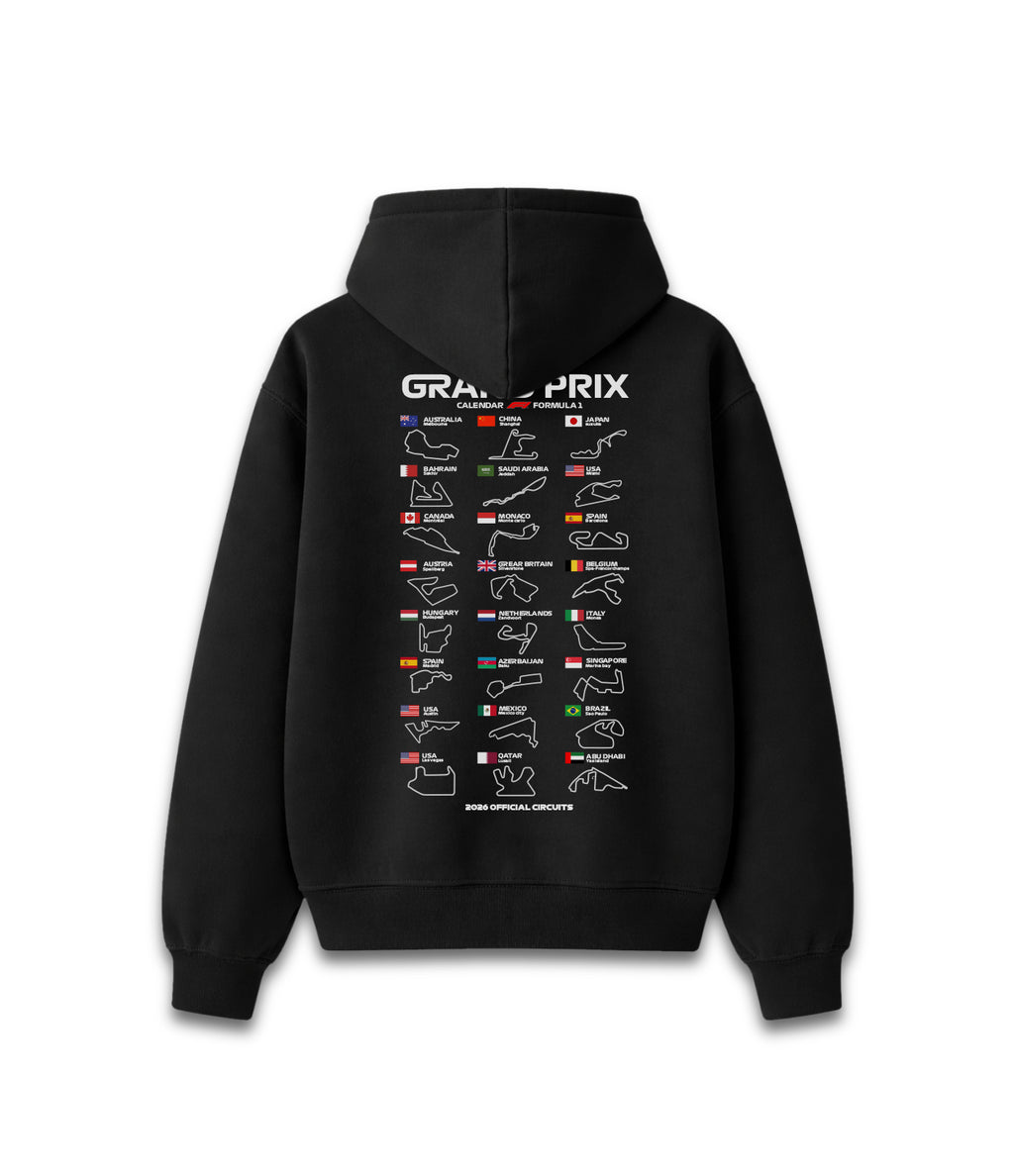 Hoodie F1 2026 estampado calendario temporada Fórmula 1
