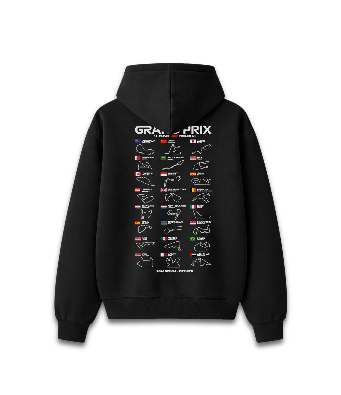Hoodie F1 2026 estampado calendario temporada Fórmula 1
