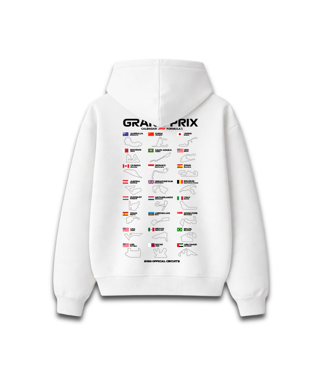 Hoodie F1 2026 estampado calendario temporada Fórmula 1
