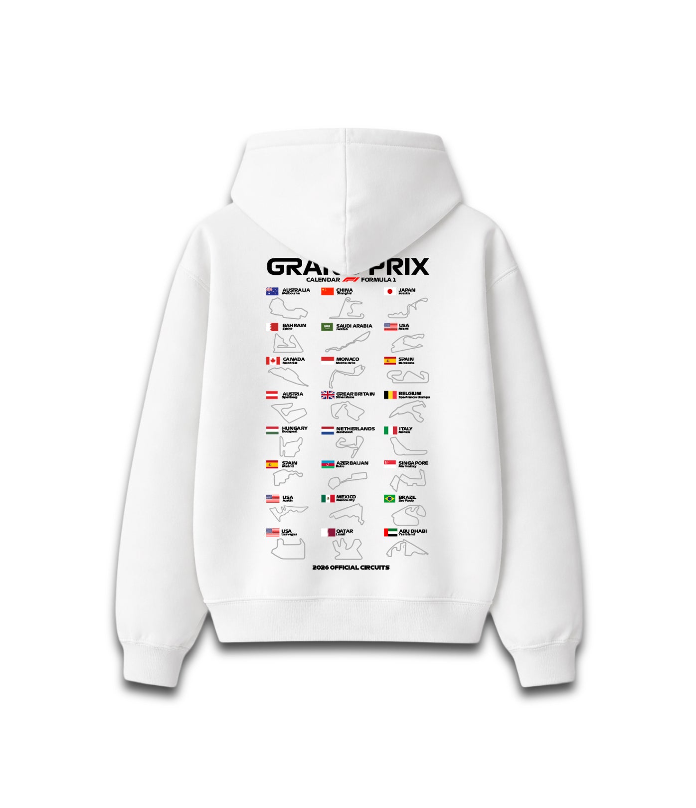 Hoodie F1 2026 estampado calendario temporada Fórmula 1
