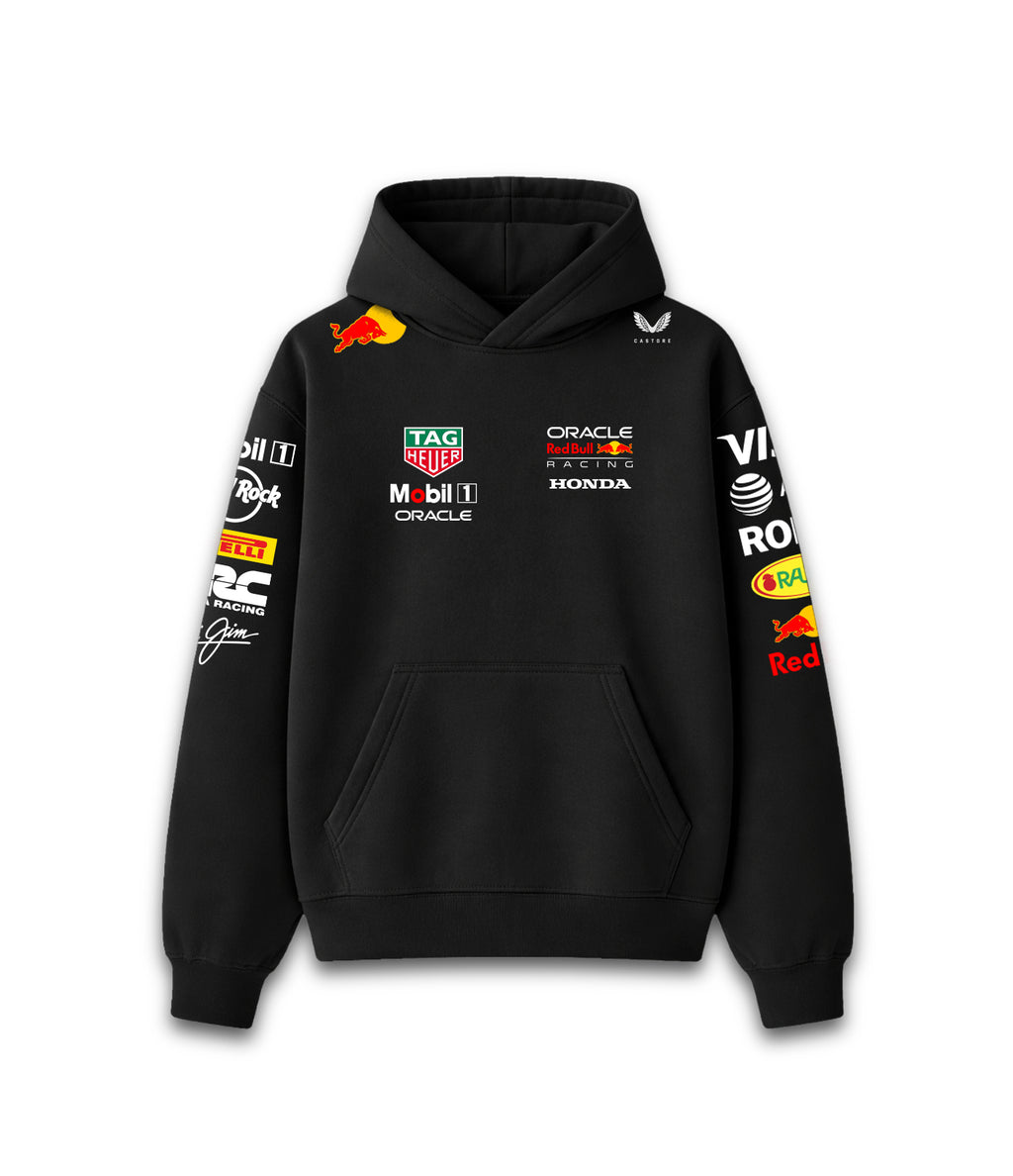 "Hoodie Red Bull Racing buzo Formula 1 negro estampado frontal"